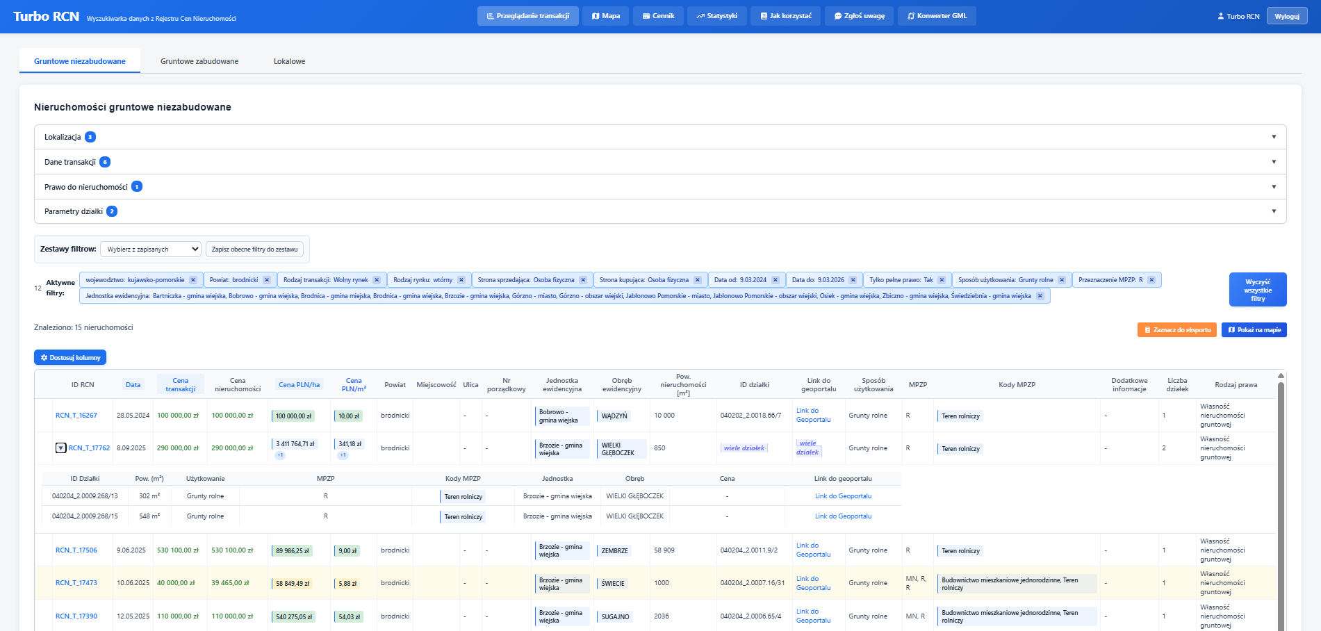 Podgląd aplikacji Turbo RCN – tabela transakcji z filtrami