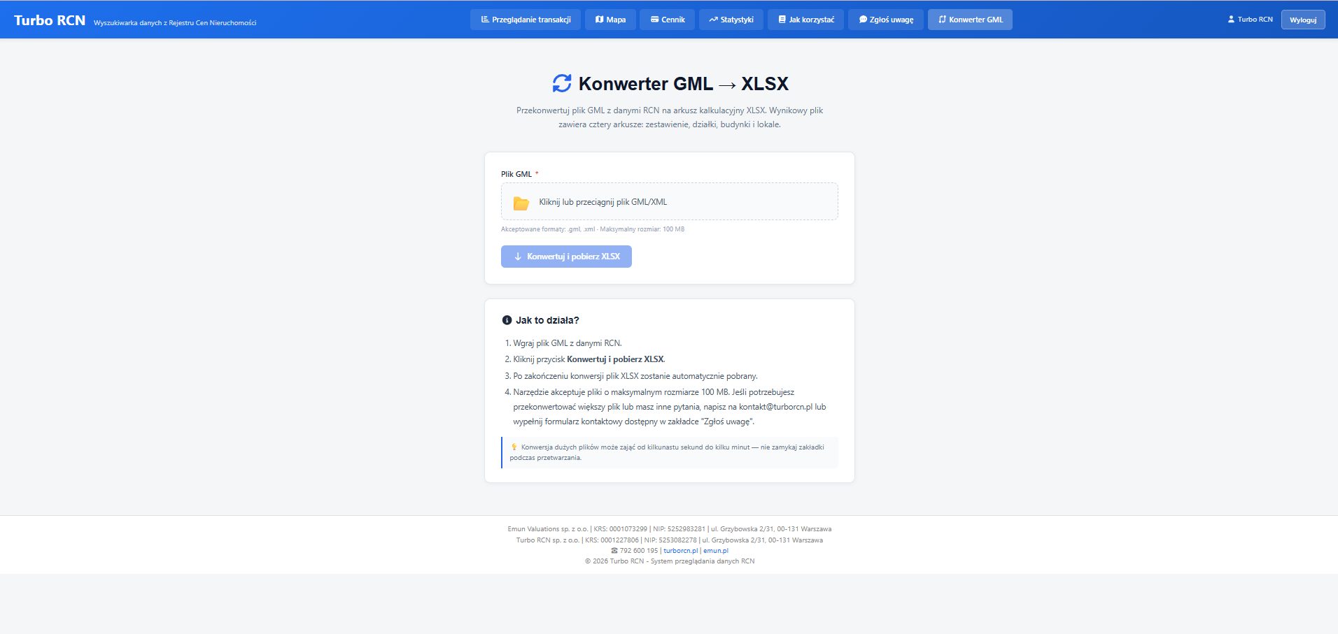 Turbo RCN – konwerter GML do Excel