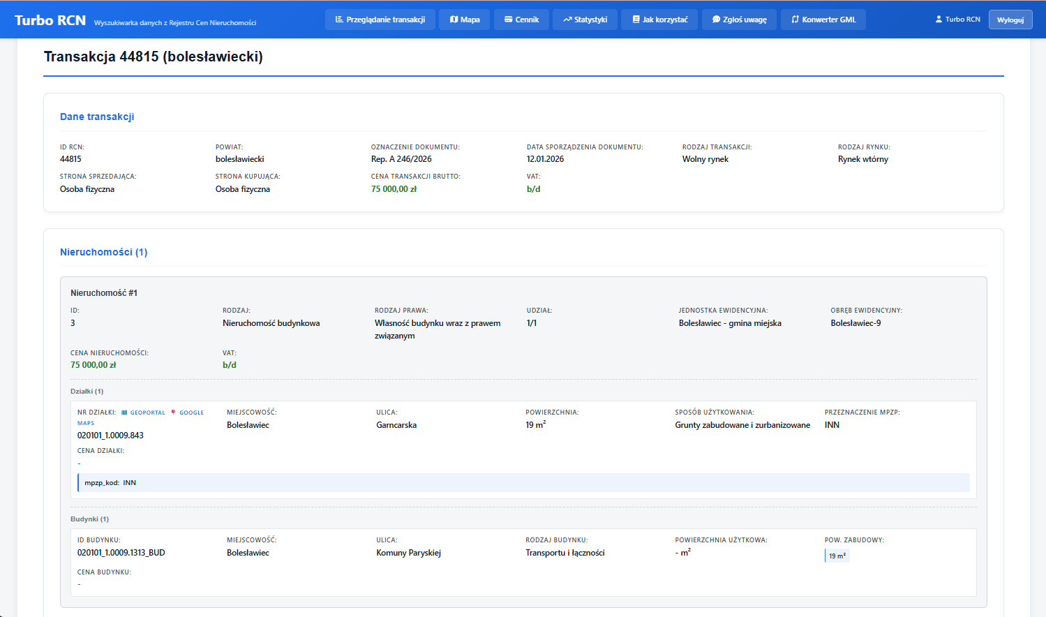 Turbo RCN – szczegóły transakcji